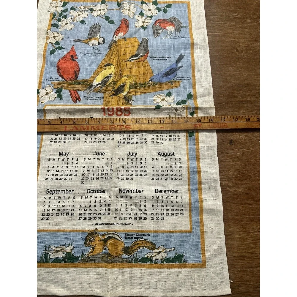Vintage 1985 Printed Cloth Hanging Wall Calendar Tea Towel Birds Flowers